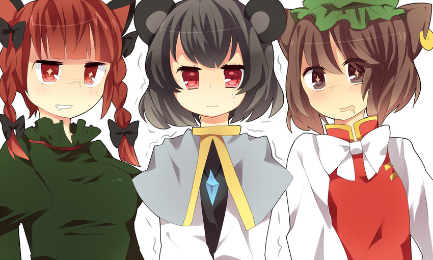 3girls animal_ears bad_id bad_pixiv_id bow braid brown_eyes brown_hair cat_ears chen commentary earrings grey_hair hair_bow ika jewelry kaenbyou_rin mouse_ears multiple_girls nazrin necklace nervous red_eyes red_hair saliva sweat touhou trembling twin_braids you_gonna_get_raped