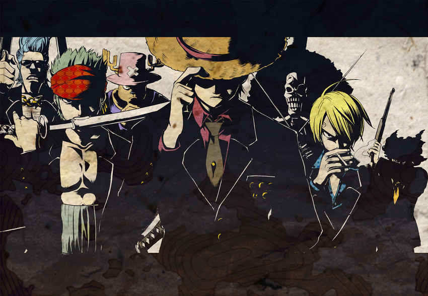 afro ahoge angry antlers bandana black_hair blonde_hair blue_hair brook cigarette delinquent earrings epic faceless faceless_male formal franky frown fur green_hair gun hair_over_one_eye hat highres jewelry letterboxed male_focus monkey_d_luffy mouth_hold multiple_boys necklace necktie one_piece one_piece:_strong_world open_clothes open_shirt pink_hat rifle roronoa_zoro sagatsune sanji shirt skeleton skull spiked_hair straw_hat suit sunglasses sword tony_tony_chopper usopp wavy_hair weapon