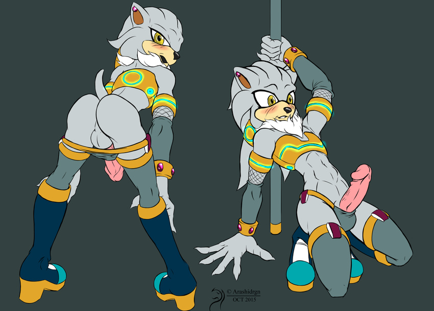 2015 arashidrgn backsack balls blush butt clothing erection fur hedgehog male male/male mammal penis pole silver_the_hedgehog simple_background smile solo sonic_(series) stripper underwear