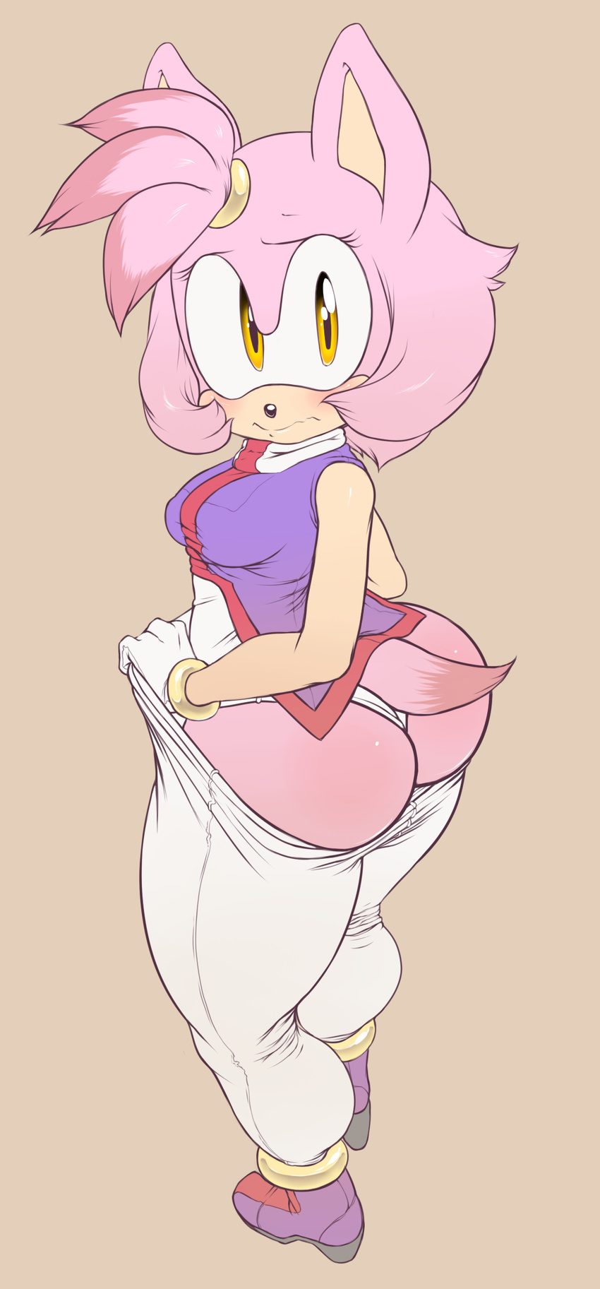 2014 amber_eyes anthro argento black_nose blush bracelet butt cat clothed clothing feline female footwear gloves hair hedgehog hybrid jewelry looking_at_viewer mammal pants pink_hair shirt shoes short_hair solo sonic_(series) standing thick_thighs thong tight_clothing undressing wide_hips