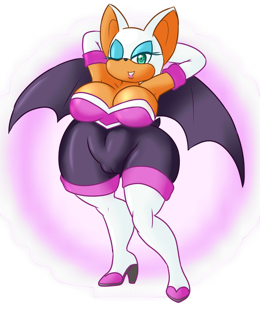 bat blue_eyes breasts cleavage clothed clothing female gloves looking_at_viewer mammal nikoh raised_arm rouge_the_bat solo sonic_(series) thick_thighs wide_hips