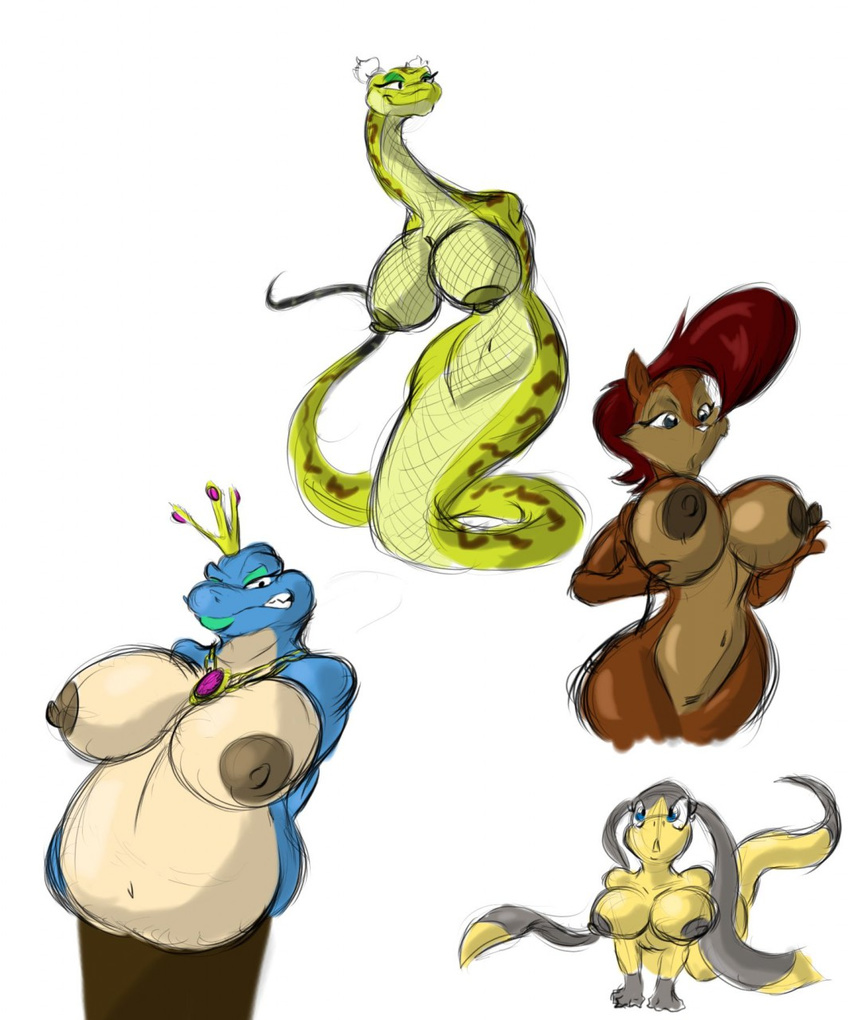 2015 anthro areola big_breasts breasts brown_fur chipmunk erect_nipples female fur helioptile lizard mammal master_viper nintendo nipples nude pok&eacute;mon reptile rodent sally_acorn scalie shinysteel snake sonic_(series) tagme video_games