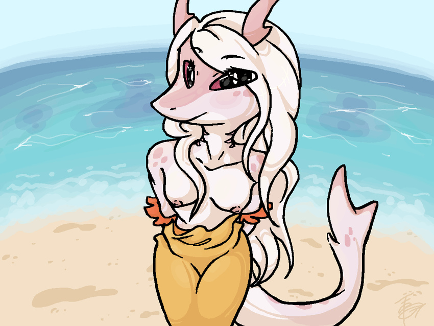 bare_shoulders beach blush breasts clothing collarbone detailed_background dots dress female fin fish gills hair long_hair looking_at_viewer marine melonpussy nipples pink_skin red_eyes sand sea seaside shark shore sky solo water white_hair zowie