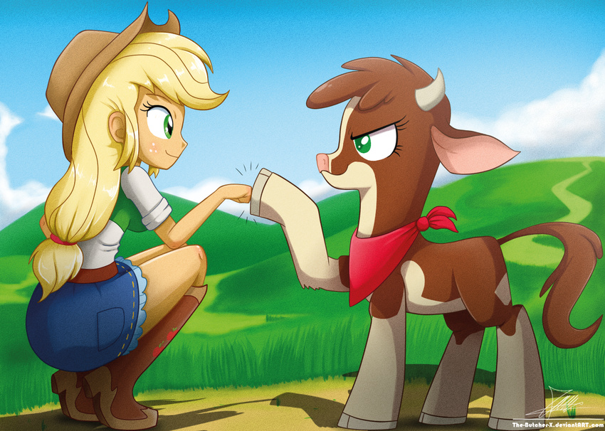 2015 applejack_(eg) arizona_cow_(tfh) blonde_hair boots bovine cattle clothing crossover duo equestria_girls female feral footwear freckles green_eyes hair hat horn human mammal my_little_pony outside smile the-butcher-x them's_fightin'_herds