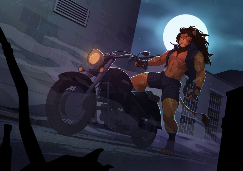 2015 abs anthro biceps brown_fur clothing feline fingerless_gloves fur gloves jacket lion male mammal mist moon motorcycle muscular night open_jacket pecs raised_leg shorts solo wolfy-nail