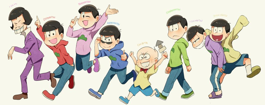 black_hair bow bowtie brothers buck_teeth character_name chibita closed_eyes food formal hood hoodie iyami male_focus matsuno_choromatsu matsuno_ichimatsu matsuno_juushimatsu matsuno_karamatsu matsuno_osomatsu matsuno_todomatsu multiple_boys natsuki_nori oden osomatsu-kun osomatsu-san purple_suit sextuplets siblings sleeves_past_wrists slippers suit sunglasses surgical_mask walking