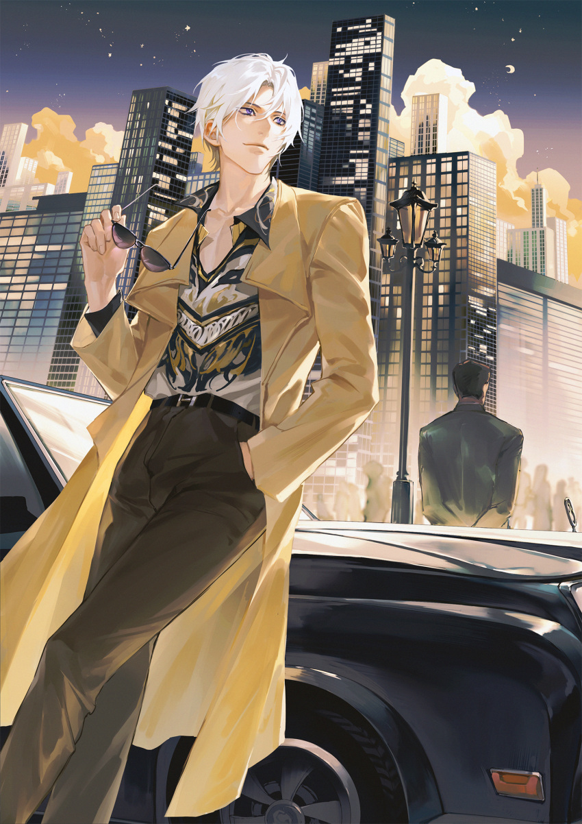 1boy black_pants building car charlie_su city cloud coat collared_shirt hand_in_pocket highres holding holding_removed_eyewear jewelry light_and_night_love long_sleeves looking_to_the_side male_focus motor_vehicle necklace night night_sky outdoors pants purple_eyes ru_(famia) shirt short_hair sky standing sunglasses unworn_eyewear white_hair