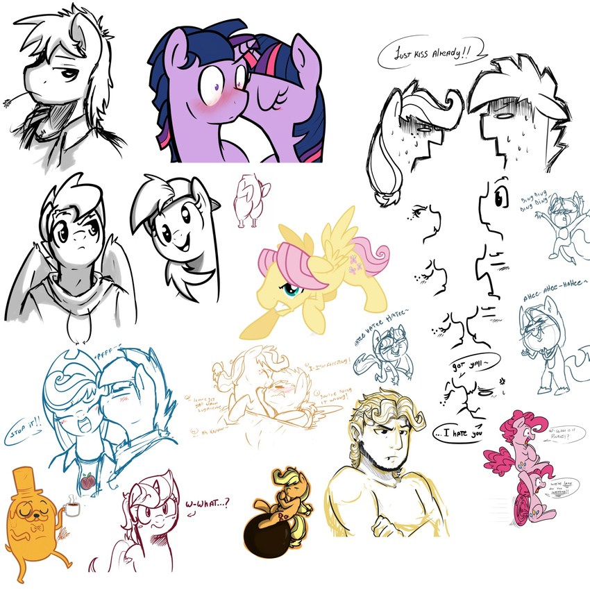 adventure_time anthro applejack_(mlp) avian baseball_cap big_macintosh_(mlp) bird blush bubble_berry_(mlp) butterscotch_(mlp) chicken clothed clothing crossgender derpy_hooves_(mlp) dusk_shine_(mlp) earth_pony equine female feral fluttershy_(mlp) friendship_is_magic hat horn horse human humanized jake_the_dog kissing line_art male male/female mammal my_little_pony nolycs pegasus pinkie_pie_(mlp) pony sketch twilight_sparkle_(mlp) unicorn wings wrecking_ball