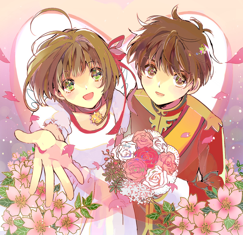 1girl :d bouquet brown_eyes brown_hair cardcaptor_sakura choker couple dress flower green_eyes hetero highres kinomoto_sakura li_xiaolang mitsu_yomogi open_mouth pink_choker short_hair smile star star_choker uniform