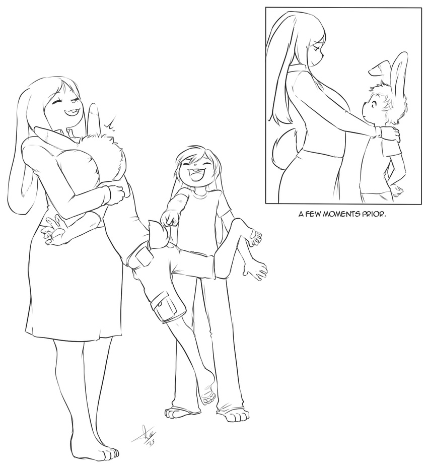 age_difference anthro aogami barefoot black_and_white breast_smother breasts clothed clothing cub english_text eyes_closed female group hair hug lagomorph larger_female laugh lifting male mammal monochrome older_female open_mouth pointing rabbit simple_background size_difference smaller_male smile smothering text white_background young younger_male