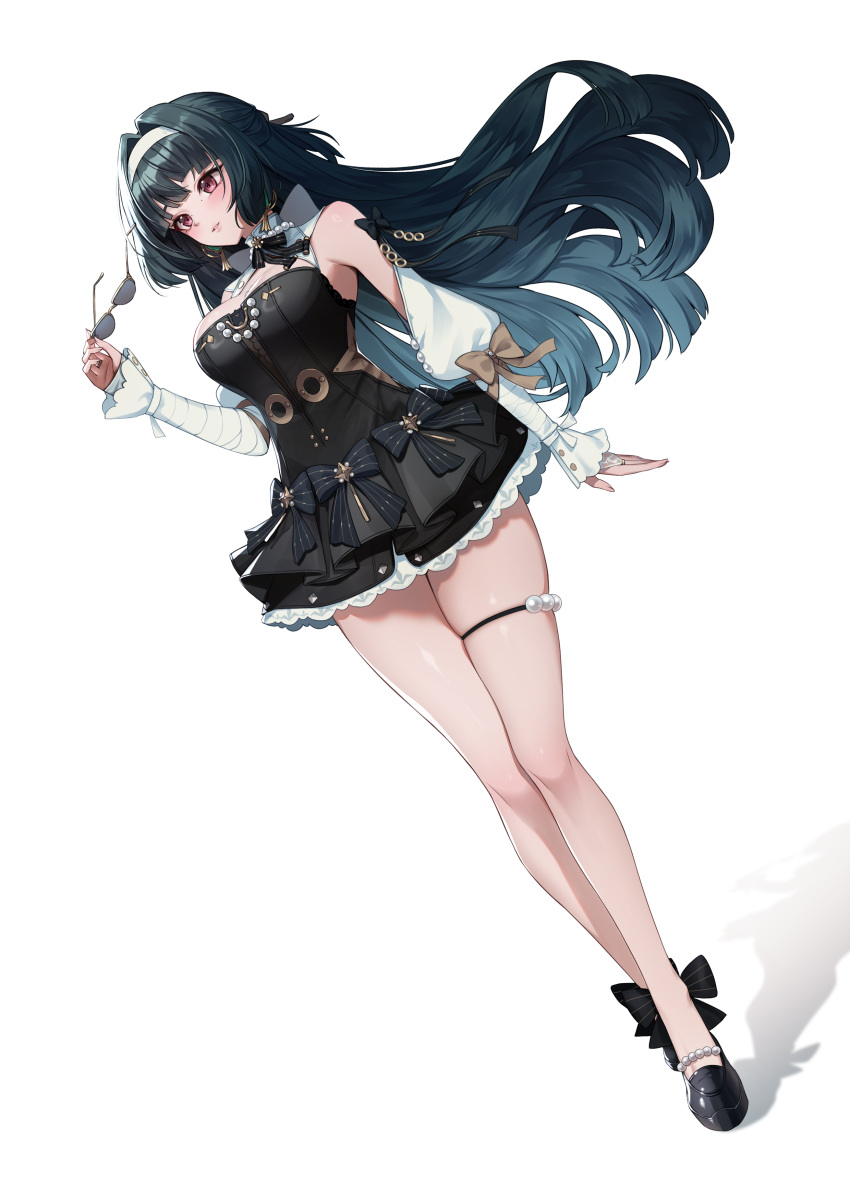 1girl absurdres ankkoyom astra_yao astra_yao_(chandelier) bare_legs black_hair breasts car commentary hairband highres holding holding_removed_eyewear large_breasts legs long_hair motor_vehicle official_alternate_costume red_eyes simple_background solo sunglasses thigh_strap unworn_eyewear white_background white_hairband zenless_zone_zero