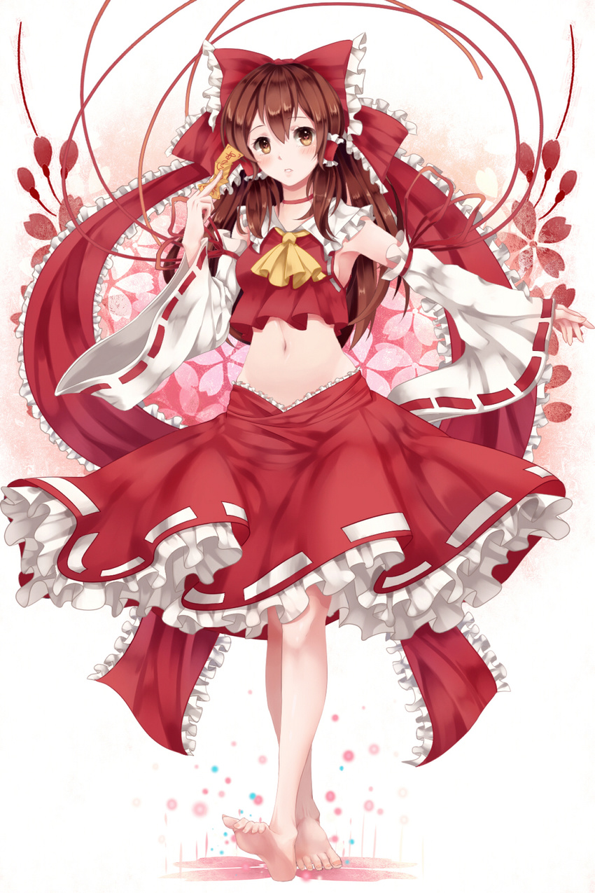 ascot bad_id bad_pixiv_id barefoot blush brown_eyes brown_hair choker crop_top crop_top_overhang detached_sleeves feet frilled_skirt frills full_body gradient gradient_background hair_ribbon hair_tubes hakurei_reimu highres japanese_clothes long_hair long_sleeves looking_at_viewer mamemena midriff miko navel ofuda outstretched_arm parted_lips ribbon skirt skirt_set soles solo toes touhou wide_sleeves