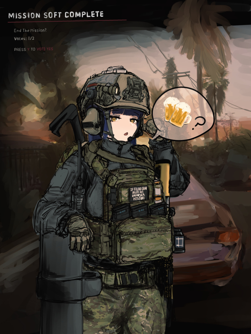 1girl absurdres alcohol assault_rifle bdp_lee beer blue_hair car cowboy_shot gun gun_on_back headset helmet highres looking_at_viewer magazine_(weapon) military_combat_uniform military_uniform motor_vehicle open_mouth original pointing_with_thumb power_lines rifle spoken_object tree utility_pole weapon weapon_on_back yellow_eyes