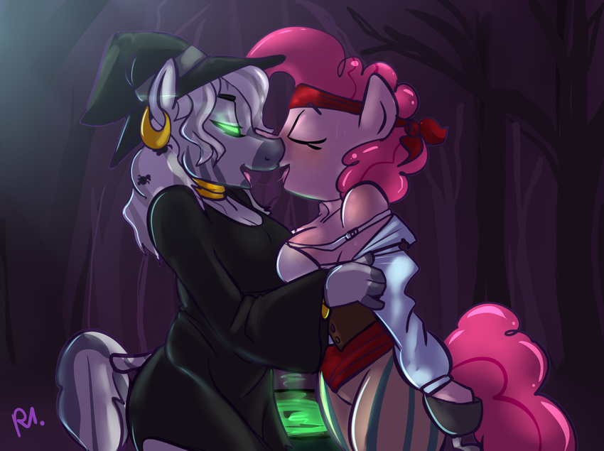 2015 after_kiss anthro anthrofied bandanna bluecoffeedog bra breasts clothing costume duo equine female female/female friendship_is_magic gold_(metal) green_eyes horse magic_user mammal my_little_pony neck_rings piercing pinkie_pie_(mlp) pirate pony saliva underwear undressing witch zebra zecora_(mlp)