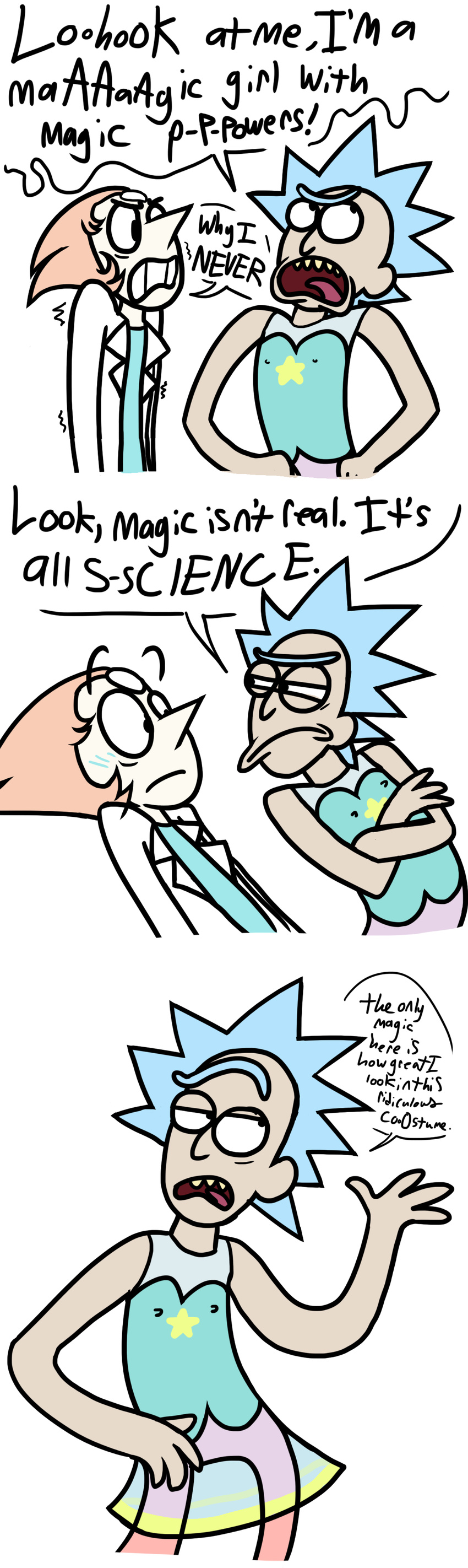 agentblackblood blue_hair cartoon_network crossover duo english_text female gem_(species) hair human mammal pearl_(steven_universe) rick_and_morty rick_sanchez steven_universe text