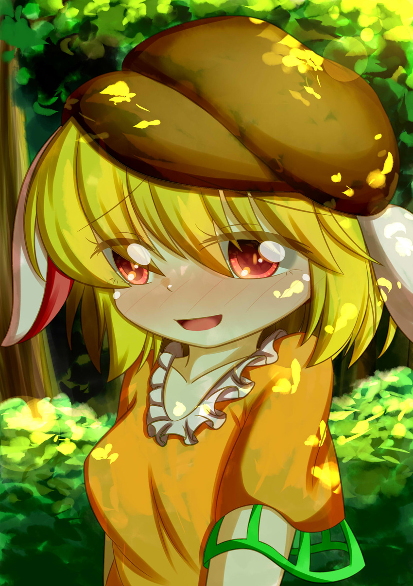 absurdres animal_ears blonde_hair blush bunny_ears dappled_sunlight dior-zi flat_cap floppy_ears forest full-face_blush hat highres looking_at_viewer nature open_mouth orange_shirt red_eyes ringo_(touhou) shirt short_hair short_sleeves solo sunlight touhou upper_body
