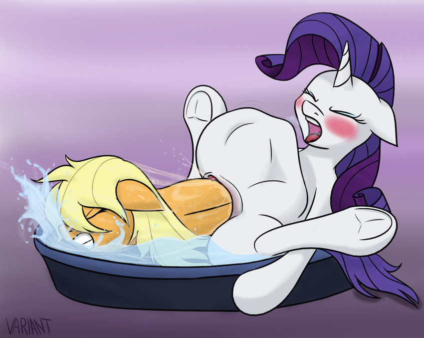 applejack_(mlp) bedpan earth_pony equine female friendship_is_magic horn horse mammal my_little_pony pony pussy rarity_(mlp) unbirthing unicorn variant vore