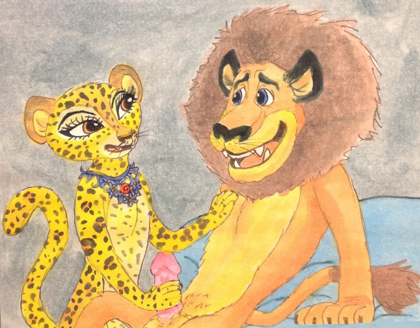 alex_the_lion anthro black_nose blue_eyes brown_eyes brown_fur brown_hair duo erection fangs feline female fur gia_the_jaguar hair hand_on_chest jaguar lion madagascar male male/female mammal necklace open_mouth penis puku83 sex sitting spots teeth tongue yellow_fur