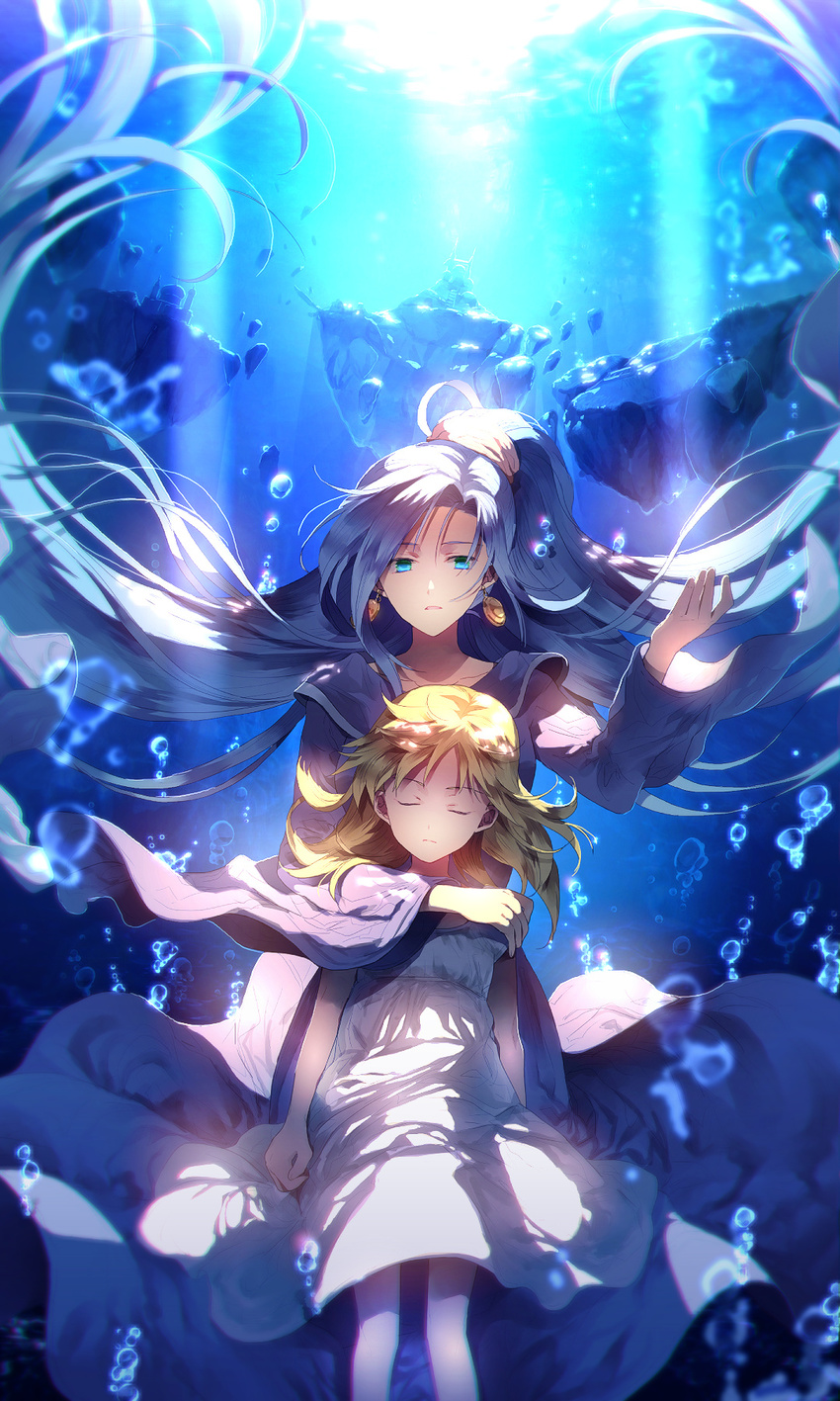 air_bubble arm_around_shoulder blonde_hair blue_eyes blue_hair bubble chrono_cross chrono_trigger closed_eyes dress earrings hand_on_shoulder highres holding jewelry kid_(chrono_cross) long_hair long_sleeves looking_at_viewer multiple_girls ponytail rock schala_zeal sunakumo unconscious underwater white_dress younger