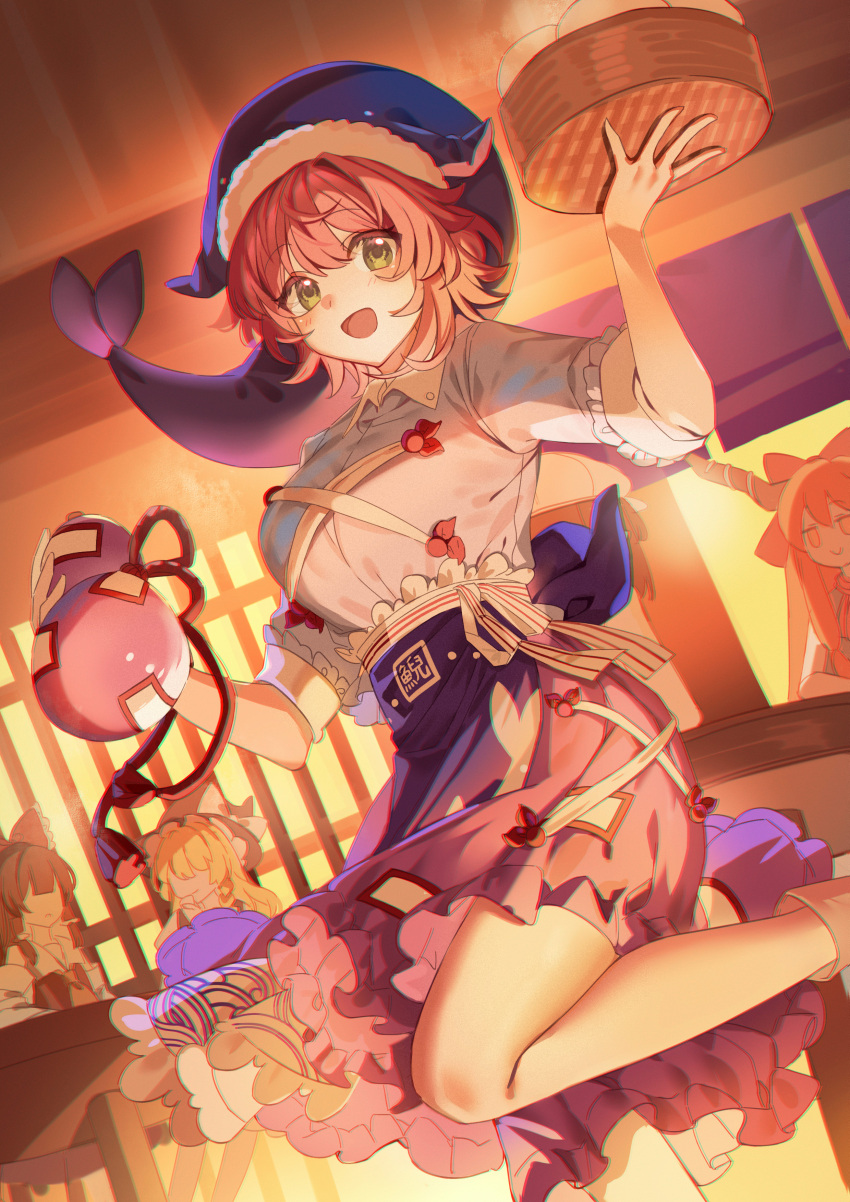 4girls absurdres blue_shirt breasts food gourd green_eyes hakurei_reimu highres ibuki_suika indoors kanta_(pixiv9296614) kirisame_marisa large_breasts leg_up looking_at_viewer multiple_girls okunoda_miyoi open_mouth pink_hair purple_skirt restaurant shirt skirt smile solo_focus steamed_bun touhou whale_hat