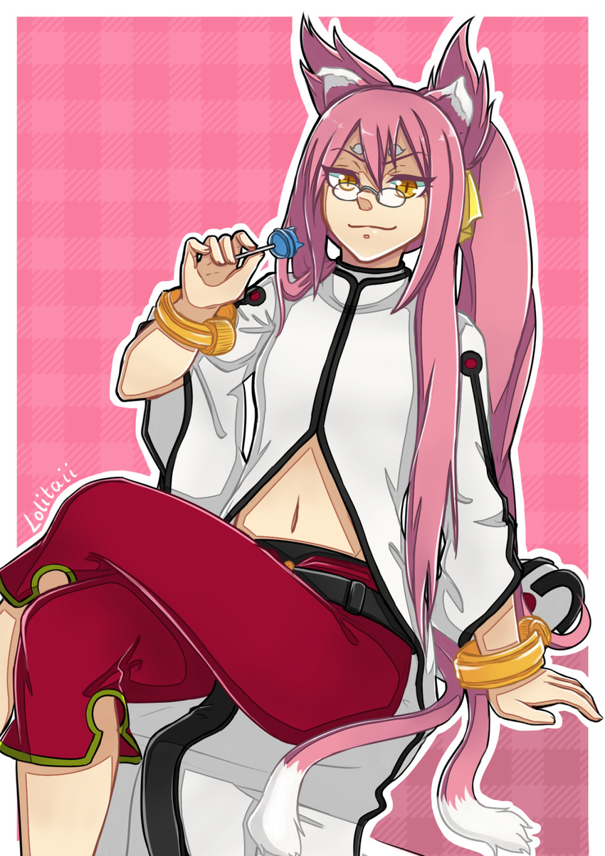 1girl animal_ears artist_name blazblue blazblue:_calamity_trigger candy cat_ears cat_tail crossed_legs glasses highres kokonoe kokonoe_mercury legs_crossed lolitaii lollipop multiple_tails navel orange_eyes outline outside_border pink_hair signature sitting slit_pupils smug solo tail two_tails white_border wrist_cuffs