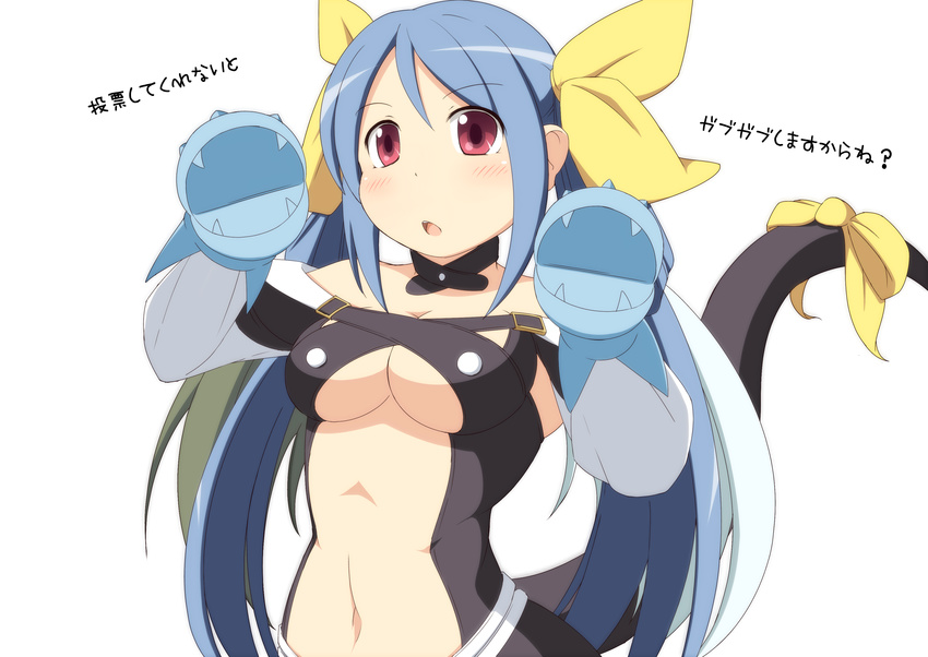 absurdres bare_shoulders blue_hair blush breasts choker dizzy guilty_gear hair_ribbon hand_puppet highres long_hair looking_at_viewer medium_breasts mirano navel puppet red_eyes ribbon simple_background solo tail tail_raised tail_ribbon translation_request twintails underboob white_background