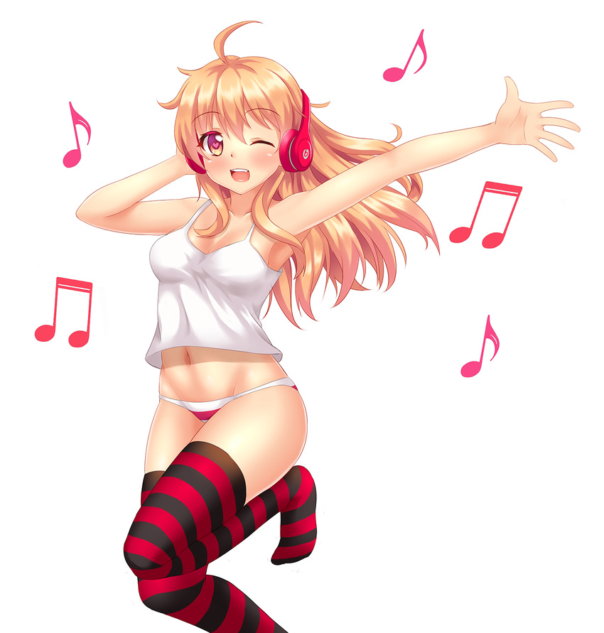 ;d ahoge armpits artist_self-insert bangs bare_shoulders beamed_eighth_notes beats_by_dr._dre black_legwear blonde_hair blush breasts camisole cleavage collarbone colored_eyelashes crop_top dancing eighth_note fast-runner-2024 groin hand_on_headphones happy headphones heart heart-shaped_pupils highres leg_up long_hair medium_breasts midriff multicolored multicolored_eyes musical_note navel one_eye_closed open_mouth orange_eyes original outstretched_arm panties purple_eyes red_legwear red_panties shirt simple_background sleeveless smile solo striped striped_legwear striped_panties symbol-shaped_pupils thighhighs tiffy underwear underwear_only white_background white_panties white_shirt