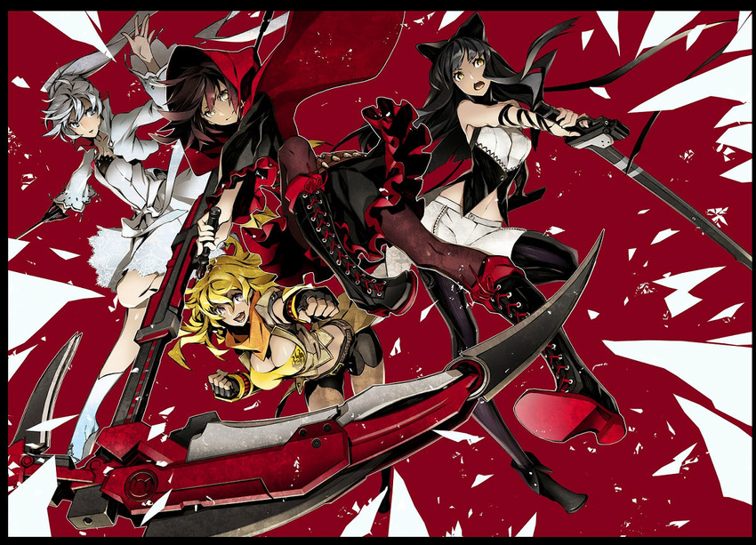 arm_ribbon bandolier bare_shoulders belt black_border black_dress black_footwear black_gloves black_hair black_legwear black_shorts blake_belladonna blonde_hair blue_eyes boots border bow breasts brown_jacket buckle bullet cape cartridge cleavage cloak crescent_rose cropped_jacket cross cross-laced_footwear dress ember_celica_(rwby) fingerless_gloves frilled_dress frills gambol_shroud gloves gradient_hair gun hair_bow handgun high_collar high_heel_boots high_heels hood hooded hooded_cloak jacket jewelry katana knee_boots lace lace-trimmed_skirt lace-up_boots large_breasts legwear_under_shorts long_hair long_sleeves medium_breasts midriff miwa_shirou multicolored_hair multiple_girls myrtenaster necklace official_art open_mouth orange_scarf pantyhose pantyhose_under_shorts pendant pistol ponytail puffy_short_sleeves puffy_sleeves purple_eyes rapier red_background red_cape red_hair ribbon ruby_rose rwby scar scar_across_eye scarf scythe shirt shoes short_hair short_sleeves shorts silver_eyes skirt sleeveless sleeveless_shirt strapless sword tubetop two-tone_hair vambraces vest waist_cape weapon weiss_schnee white_dress white_footwear white_hair white_shorts wide_sleeves yang_xiao_long yellow_eyes yellow_shirt