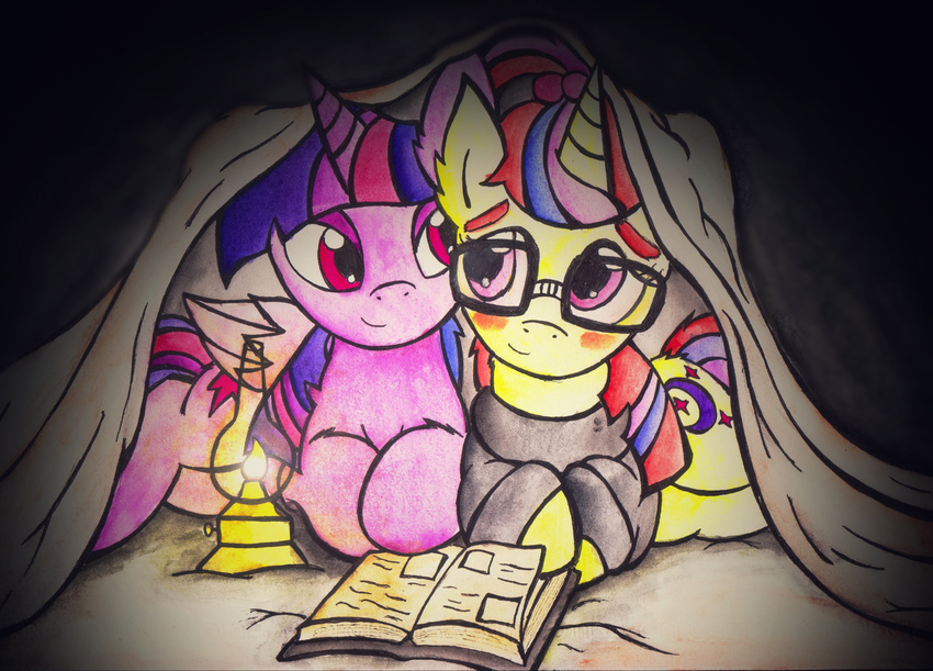 2015 bed blanket blush book duo equine female friendship_is_magic hi_res horn kaboderp lantern mammal moondancer_(mlp) my_little_pony reading twilight_sparkle_(mlp) unicorn winged_unicorn wings