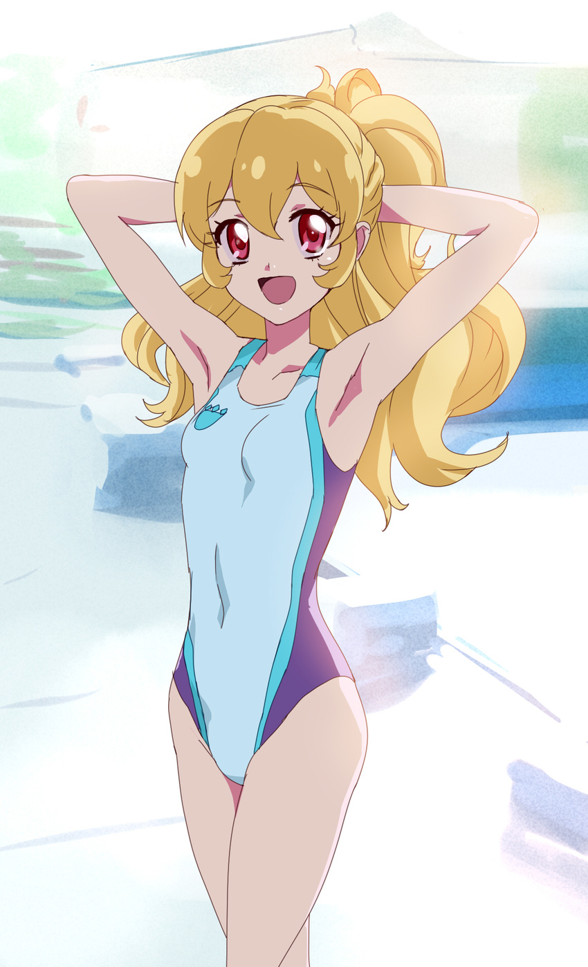 :d aikatsu! aikatsu!_(series) armpits blonde_hair competition_swimsuit covered_navel highres hoshimiya_ichigo long_hair looking_at_viewer makacoon one-piece_swimsuit open_mouth ponytail red_eyes smile solo swimsuit