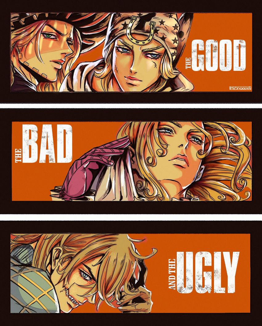 4boys absurdres artist_name bandana black_border blonde_hair blue_eyes border closed_mouth commentary copyright_name diego_brando english_commentary english_text funny_valentine green_eyes gyro_zeppeli hat henoopd highres horseshoe_ornament johnny_joestar jojo_no_kimyou_na_bouken long_hair looking_at_viewer looking_to_the_side medium_hair multiple_boys parted_lips photo-referenced portrait red_background scar scar_on_cheek scar_on_face sharp_teeth steel_ball_run teeth the_good_the_bad_and_the_ugly white_border