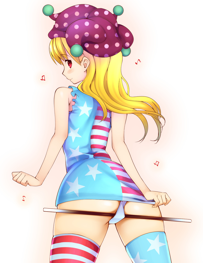 alternate_legwear american_flag_dress american_flag_legwear ass bare_arms bare_shoulders beamed_eighth_notes blonde_hair clownpiece commentary_request dress eighth_note hat highres in_panties jester_cap long_hair looking_at_viewer looking_back microdress musical_note no_wings panties red_eyes sleeveless sleeveless_dress smile solo stick striped striped_dress thighhighs thighs touhou underwear white_panties zuttokodomo