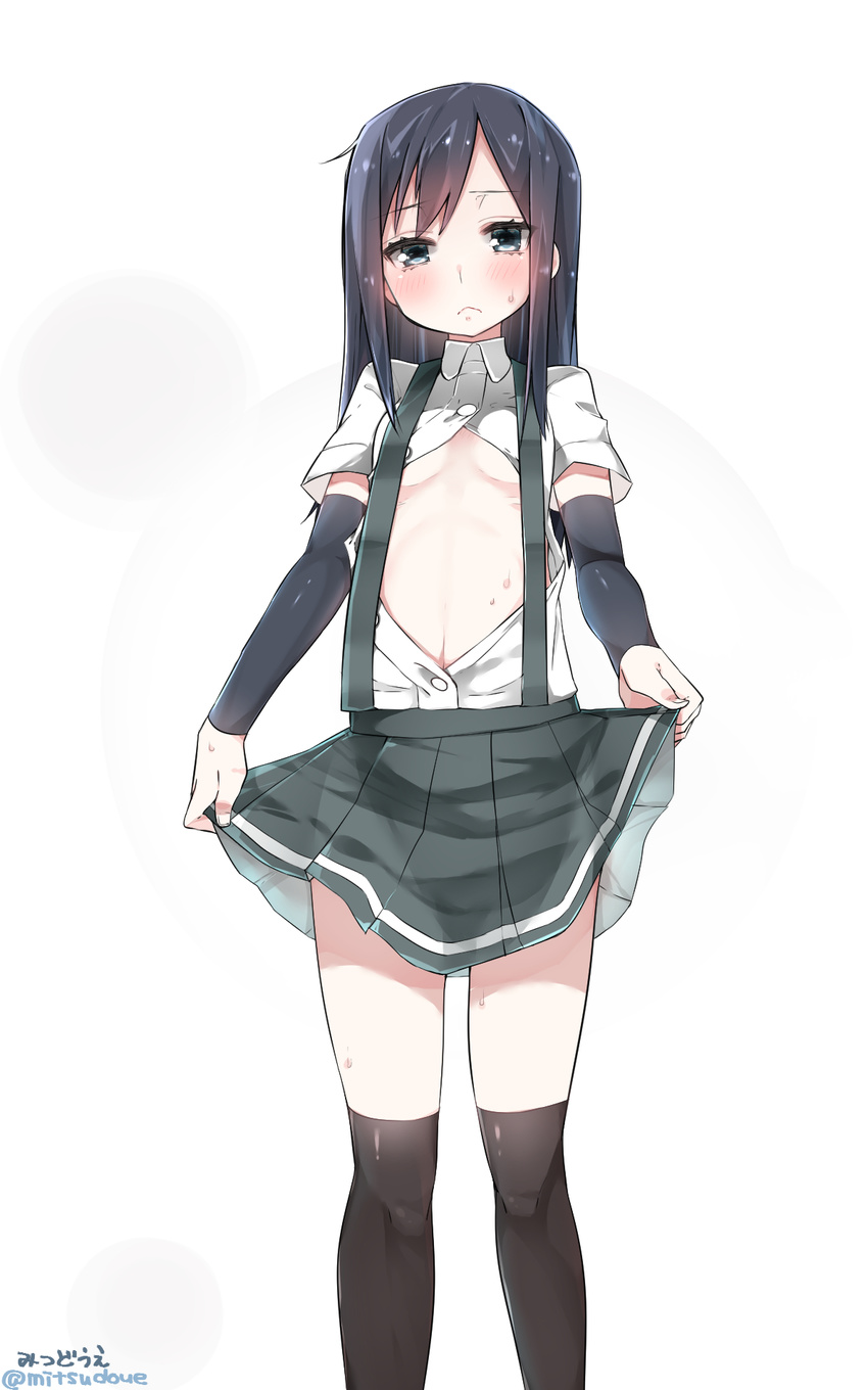 arm_warmers asashio_(kantai_collection) black_hair black_legwear blue_eyes blush breasts cleavage highres kantai_collection long_hair looking_at_viewer mitsudoue no_bra open_clothes open_shirt pleated_skirt school_uniform shirt skirt skirt_lift small_breasts solo stomach suspenders sweat thighhighs underboob