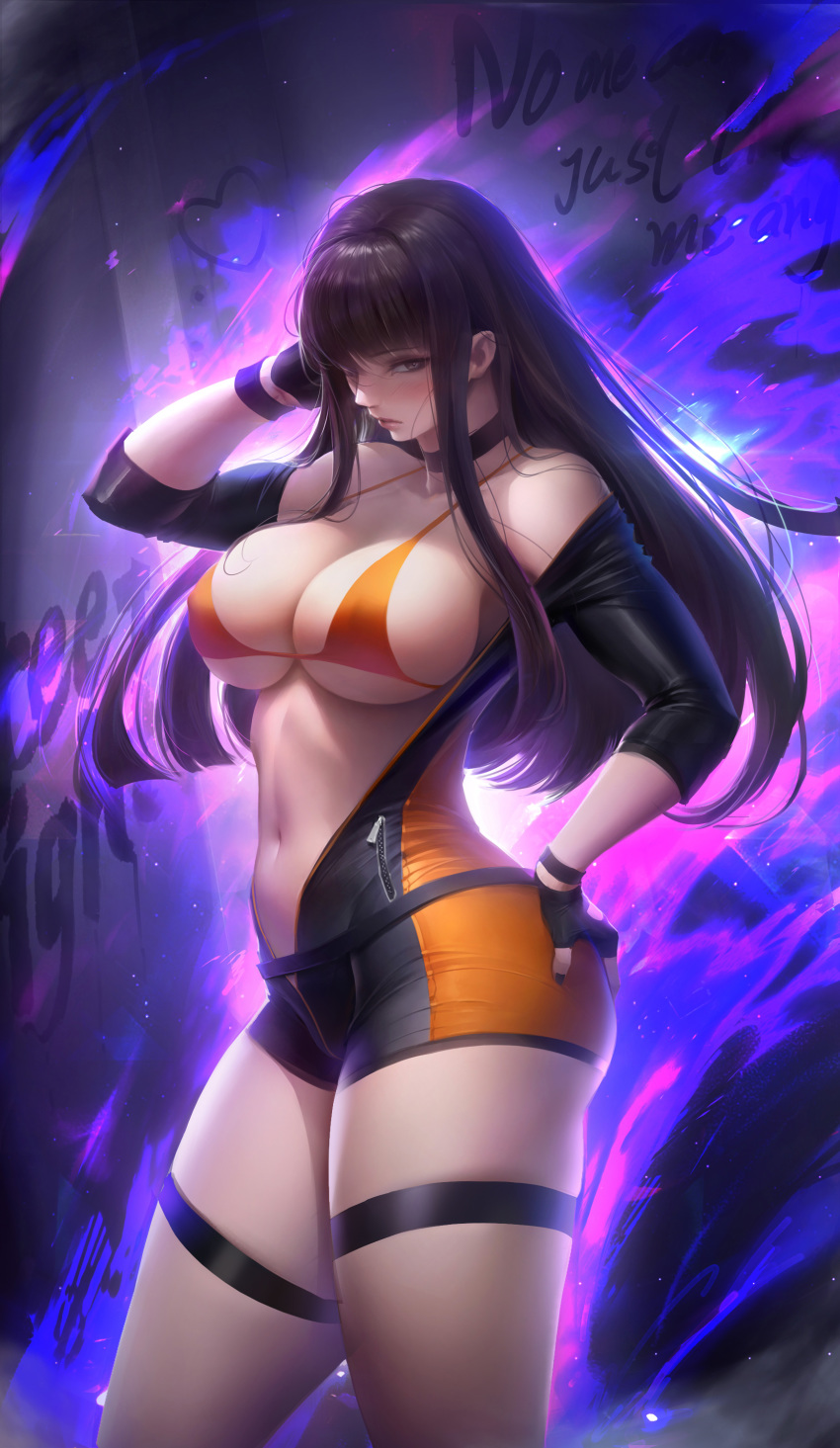 absurdres ass bangs bare_shoulders belt bikini_top black_choker black_gloves black_nails blush bodysuit brawler_(dungeon_and_fighter) breasts brown_eyes brown_hair censored center_opening choker covered_nipples dungeon_and_fighter english eyebrows_visible_through_hair fighter_(dungeon_and_fighter) fingerless_gloves flute_(artist) gloves graffiti hand_on_hip hand_on_own_head highres large_breasts lips long_hair looking_at_viewer loose_belt mosaic_censoring nail_polish navel orange_bikini_top sidelocks solo strap_gap thigh_strap zipper