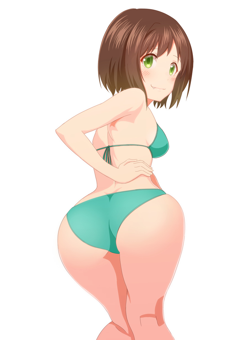 absurdres ass bikini brown_hair fang from_behind green_bikini green_eyes highres idolmaster idolmaster_cinderella_girls maekawa_miku solo swimsuit taka_(takahirokun)