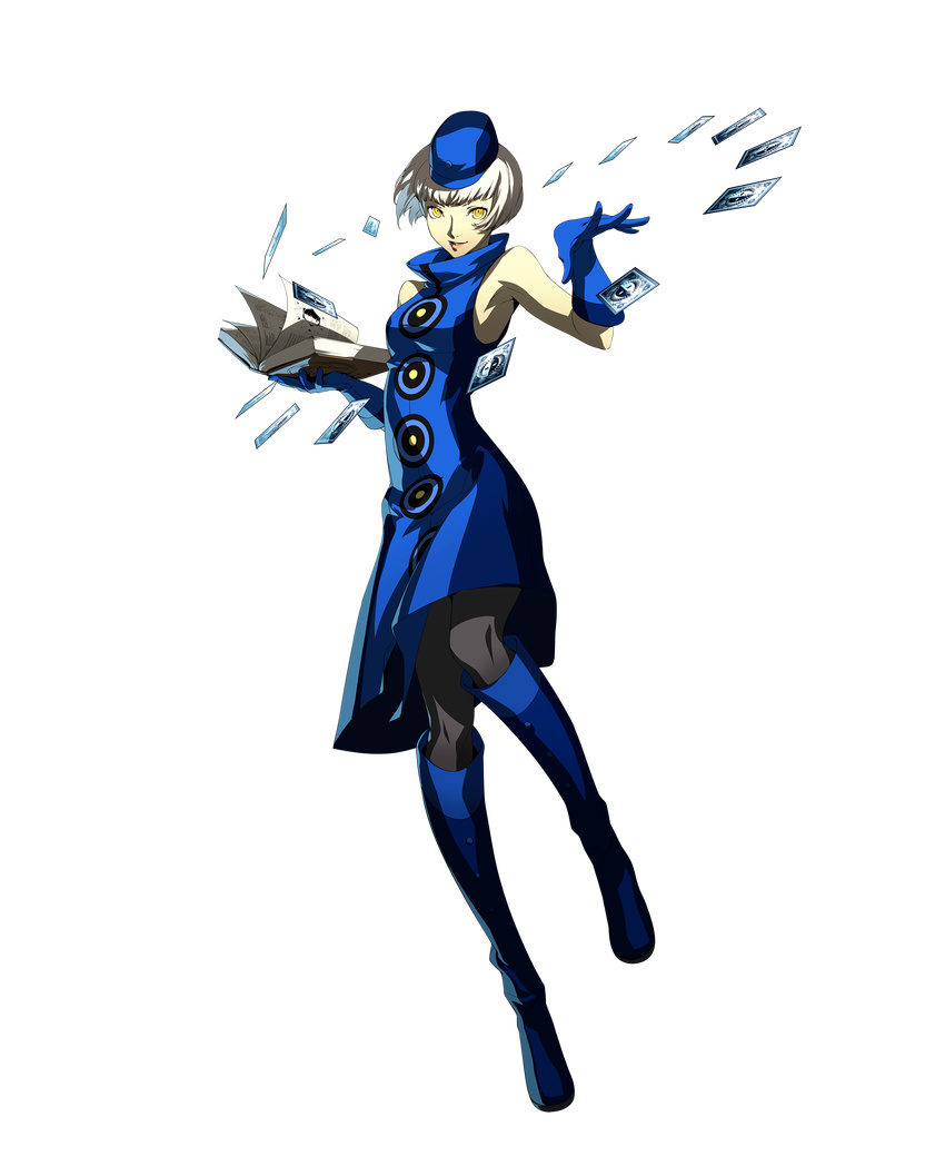 absurdres blue_footwear book boots card dress elizabeth_(persona) full_body gloves hat highres knee_boots official_art pantyhose persona persona_3 persona_3_portable persona_4:_the_ultimate_in_mayonaka_arena short_hair sleeveless sleeveless_dress soejima_shigenori solo transparent_background white_hair yellow_eyes