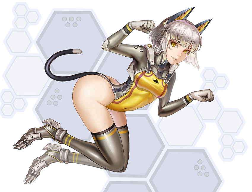 2015 animal_ears breasts cat_ears cat_tail claws hexagon lieqi_hun light_smile looking_at_viewer original paw_pose science_fiction short_hair silver_legwear small_breasts solo tail thighhighs thighs white_hair