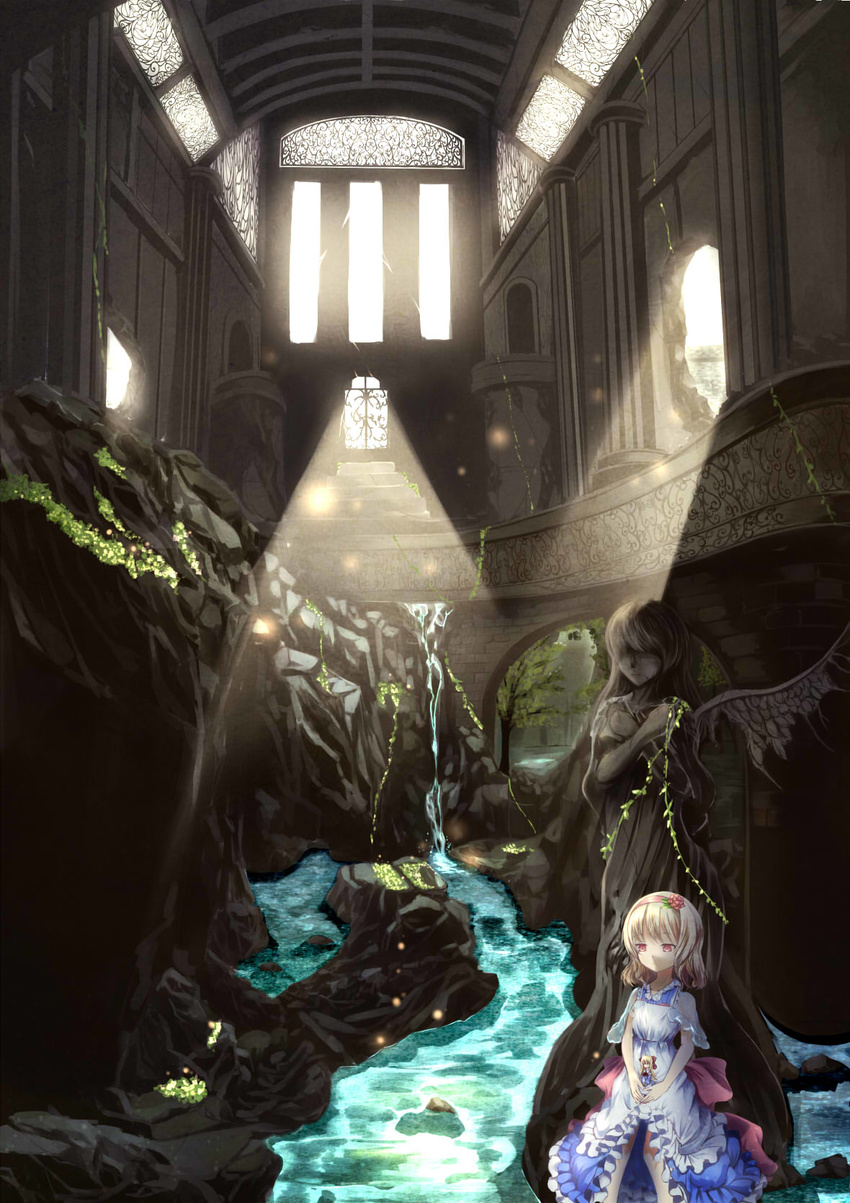 alice_margatroid altar angel architecture balcony blonde_hair blue_dress bow building commentary_request crack dress dress_lift expressionless flower_ornament frilled_dress frills grass hair_bow hairband highres indoors layered_dress light_particles light_rays long_hair nature partial_commentary plant red_eyes ruins see-through_sleeves shanghai_doll short_hair short_sleeves single_wing solo stained_glass statue stream sunlight touhou tree vines wading water white_dress window wings younger yukishiro_arute