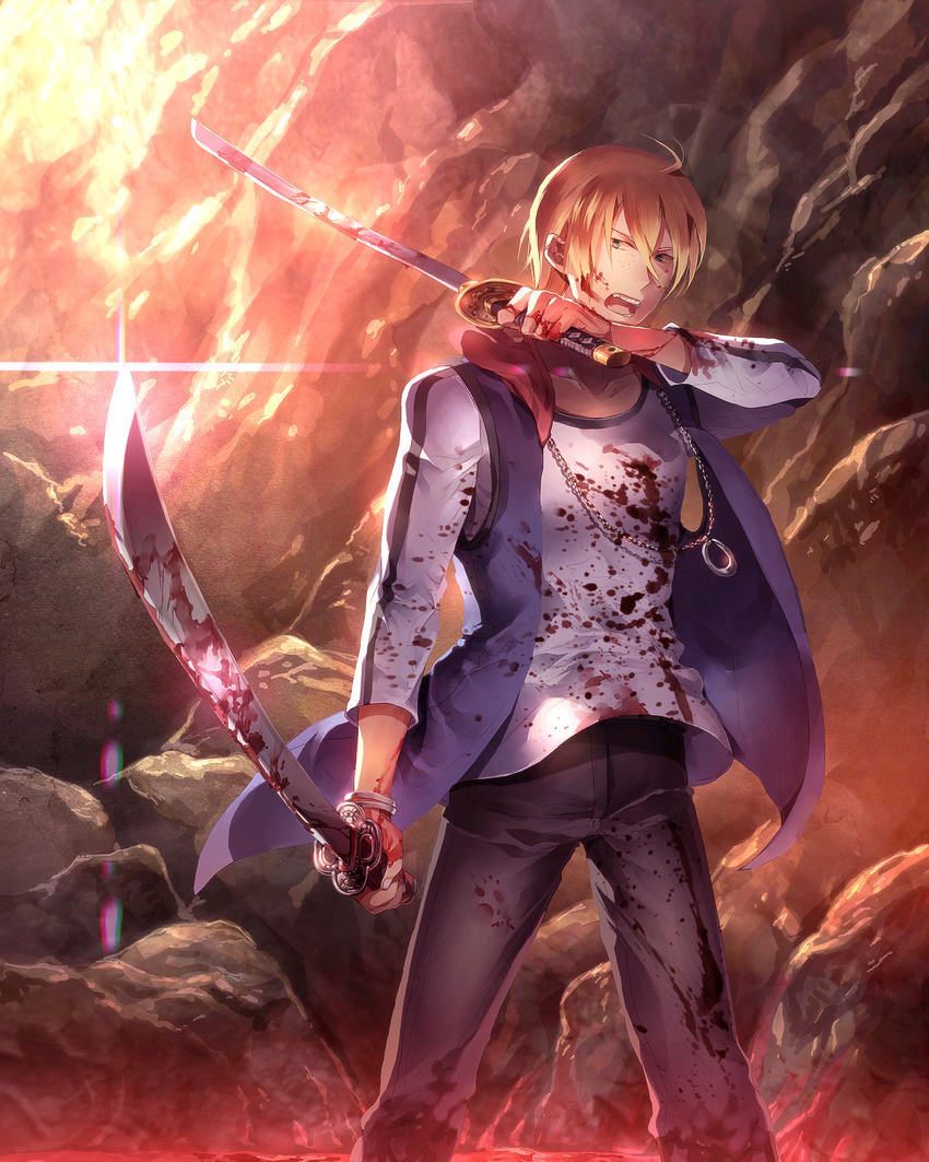 blonde_hair blood blood_on_face bloody_clothes bloody_weapon chromatic_aberration domon_seijirou dual_wielding fukai_ni_nemuru_oujo_no_abaddon highres holding hood hoodie jewelry lens_flare male_focus necklace open_mouth solo sunakumo sword weapon wiping_face