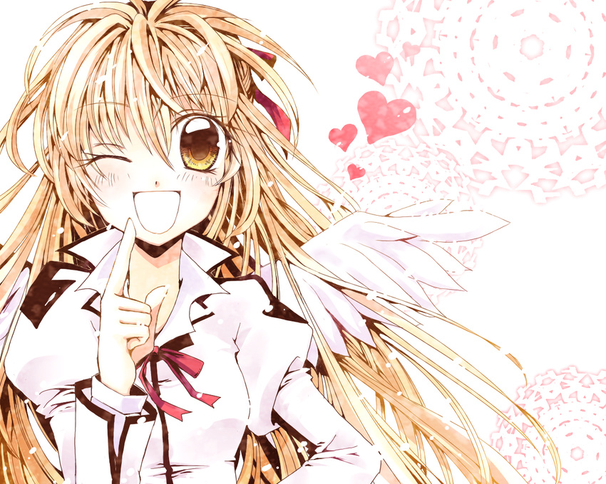 angel_wings bad_id bad_pixiv_id blonde_hair hair_ribbon heart kaden_(kuzek) long_hair one_eye_closed otomiya_haine pointing ribbon school_uniform shinshi_doumei_cross solo wings yellow_eyes