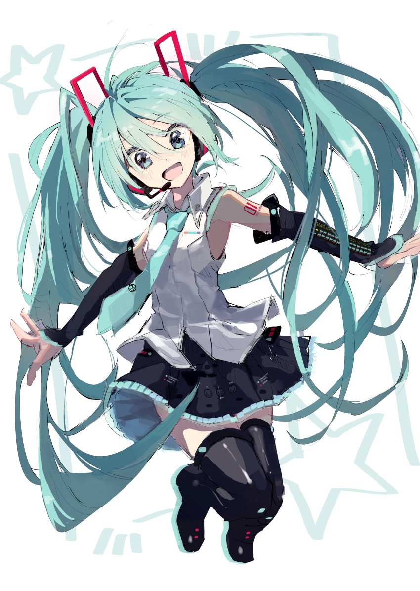 10011018 1girl absurdres aqua_eyes aqua_hair aqua_necktie bare_shoulders black_legwear black_skirt black_sleeves collaboration colorized commentary detached_sleeves floating full_body hair_ornament hatsune_miku hatsune_miku_(vocaloid4) headphones headset highres legs_up long_hair looking_at_viewer miniskirt necktie outstretched_arms pleated_skirt shibatadtm shirt shoulder_tattoo skirt sleeveless sleeveless_shirt solo star_(symbol) tattoo thighhighs twintails v4x very_long_hair vocaloid white_background white_shirt zettai_ryouiki