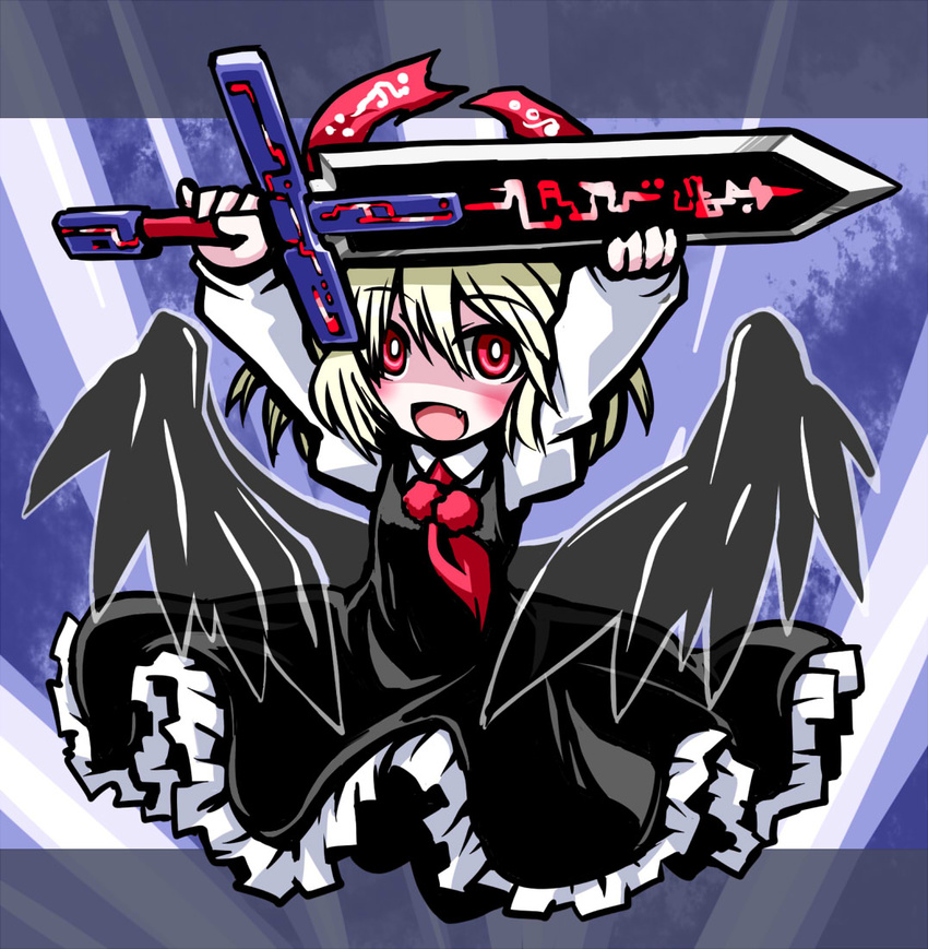 :d black_wings blonde_hair dress ex-rumia fang frilled_dress frills halo kugelschreiber open_mouth red_eyes rumia shirt short_hair smile solo sword touhou weapon wings