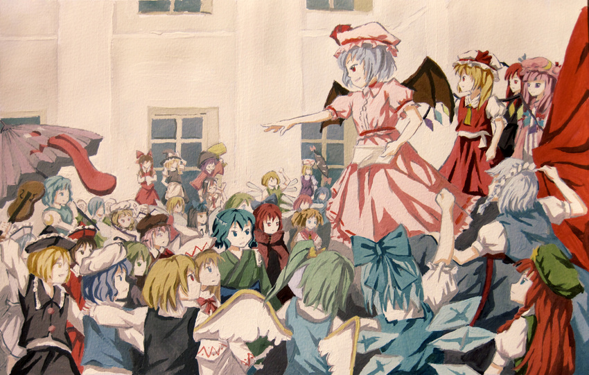 &gt;_&lt; apron arm_up ascot bat_wings beret black_dress black_hair black_shirt black_skirt black_vest blonde_hair blue_dress blue_eyes blue_hair bow bowl bowl_hat braid brown_hair building cape carrying chen_bin cirno clenched_hand closed_eyes covered_mouth crowd daiyousei detached_sleeves dress everyone faceless fairy fairy_wings fine_art_parody flandre_scarlet gap green_hair grin hair_bow hair_tubes hakurei_reimu hand_up hands_together hat hat_bow hat_ribbon hime_cut holding holding_paper horns ice ice_wings indoors instrument izayoi_sakuya japanese_clothes karakasa_obake kijin_seija kimono kirisame_marisa koakuma letty_whiterock lily_white long_hair long_sleeves looking_afar looking_at_another looking_down looking_up luna_child lunasa_prismriver lyrica_prismriver maid maid_headdress merlin_prismriver miracle_mallet mob_cap multicolored_hair multiple_girls mystia_lorelei obi outdoors outstretched_arm outstretched_arms outstretched_hand paper parody patchouli_knowledge piggyback pink_hair pink_shirt pink_skirt purple_dress red_eyes red_hair red_skirt red_vest remilia_scarlet ribbon ribbon-trimmed_skirt ribbon_trim rumia sash sekibanki shirt short_sleeves side_ponytail sin_sack skirt smile star star_sapphire streaked_hair striped striped_dress sukuna_shinmyoumaru sunny_milk tatara_kogasa thumbs_up touhou two_side_up umbrella v.i._lenin_proclaims_soviet_power very_long_hair vest violin vladimir_lenin wakasagihime white_shirt wings witch_hat wriggle_nightbug yakumo_yukari yellow_eyes