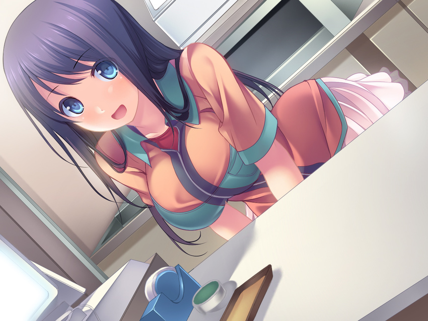 amasa-hikae black_hair blue_eyes blush breasts dutch_angle long_hair looking_at_viewer md5_mismatch medium_breasts open_mouth original smile solo