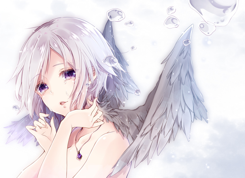 bare_shoulders crying feathered_wings gradient gradient_background grey_wings jewelry original parted_lips pendant purple_eyes ripu_(sherypton) short_hair silver_hair solo tears upper_body water_drop wings