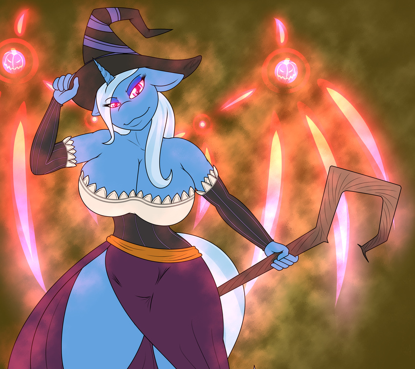 2015 absurd_res anthro anthrofied b00mt00b big_breasts blue_skin breasts cleavage clothed clothing equine female friendship_is_magic glowing glowing_eyes hair hat hi_res holding horn huge_breasts long_hair looking_at_viewer mammal my_little_pony solo staff trixie_(mlp) unicorn witch_hat