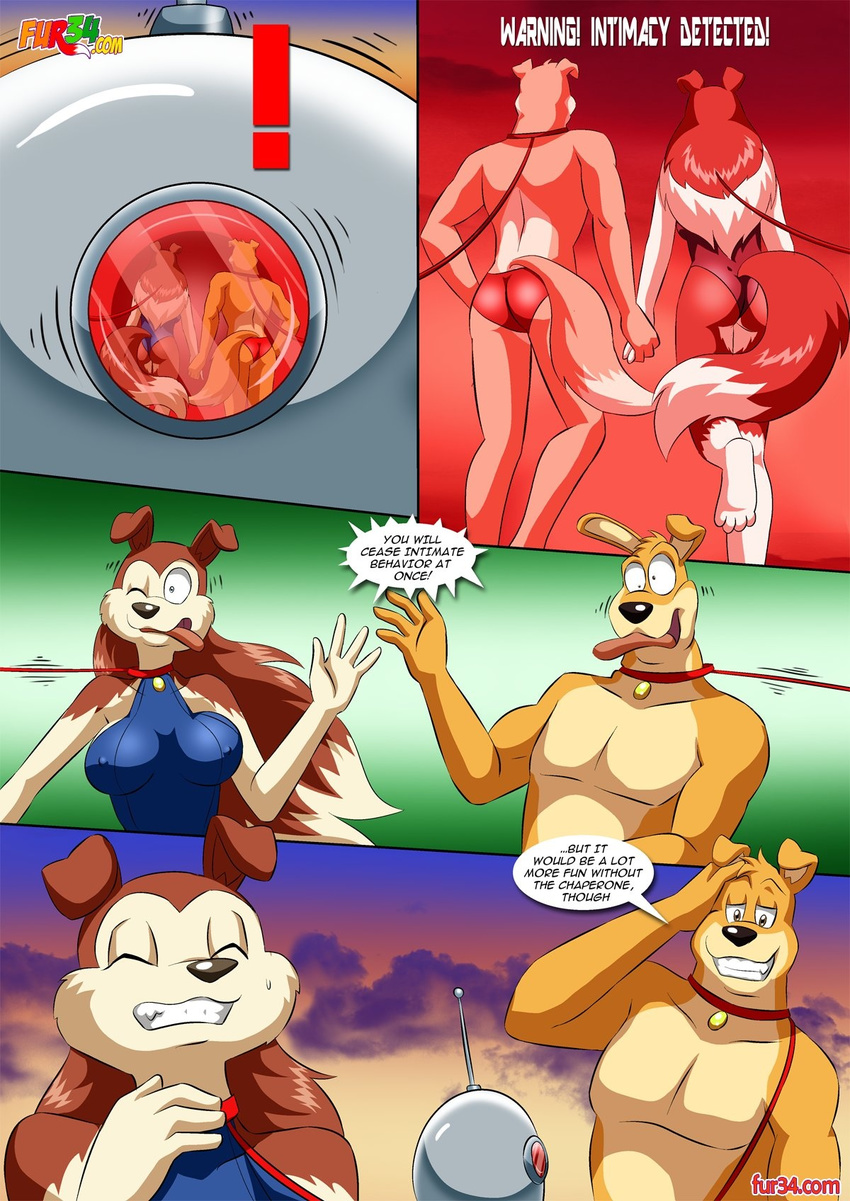 anthro bbmbbf beach breasts brown_fur canine choking clothed clothing collar colleen couple female fur hunter_(road_rovers) leash machine male male/female mammal nipple_bulge palcomix road_rovers robot seaside swimsuit