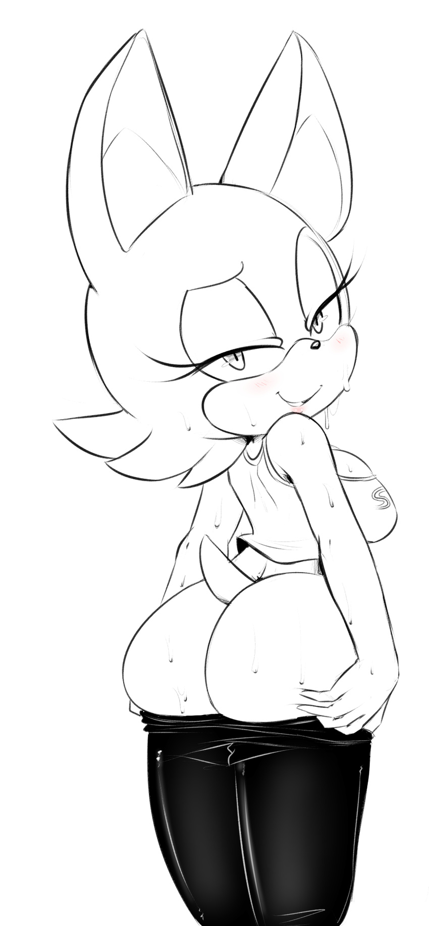 2015 anthro bat blush bottomless breasts butt clothed clothing female half-closed_eyes half-dressed hearlesssoul looking_at_viewer looking_back mammal presenting presenting_hindquarters raised_tail rouge_the_bat simple_background smile solo sonic_(series) sweat