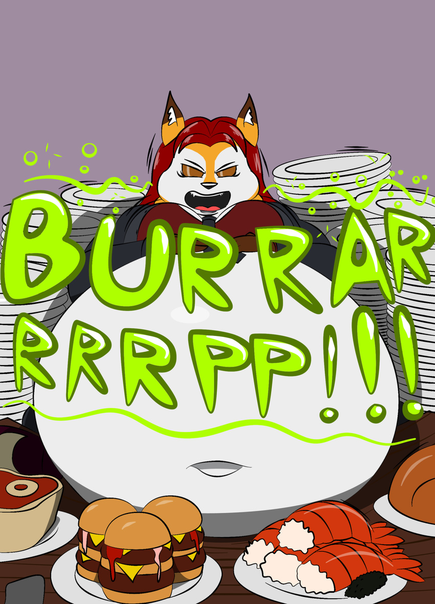 americananomaly_(artist) anthro belly big_belly big_breasts breasts canine chubby clothed clothing dog english_text feline female food fur hair irish long_hair lynx lynxuki mammal morbidly_obese necktie obese overweight riley_o'shane saluki solo text tongue