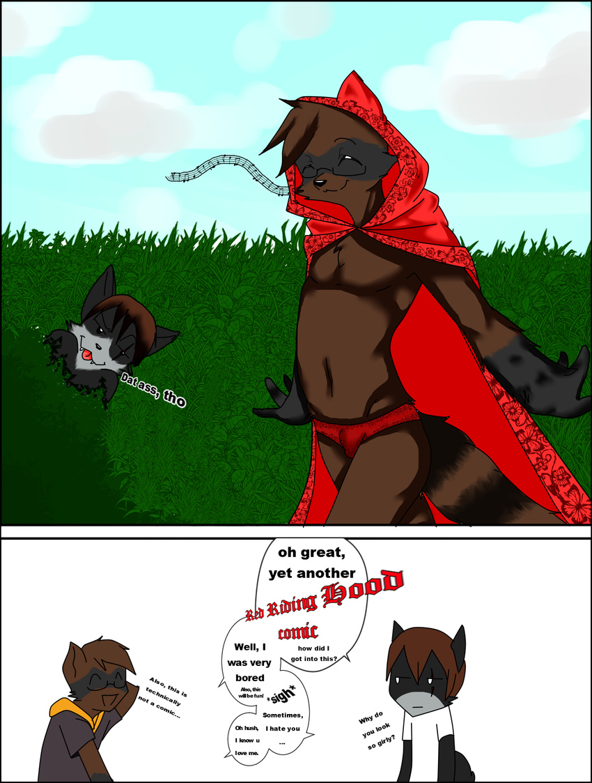 anthro bushes canine clothing couple dog humor little_red_riding_hood little_red_riding_hood_(copyright) lycaon male mammal parody raccoon raccoon_douga ryutzke_douga_(artist) scar thong yet_another_red_riding_hood_comic